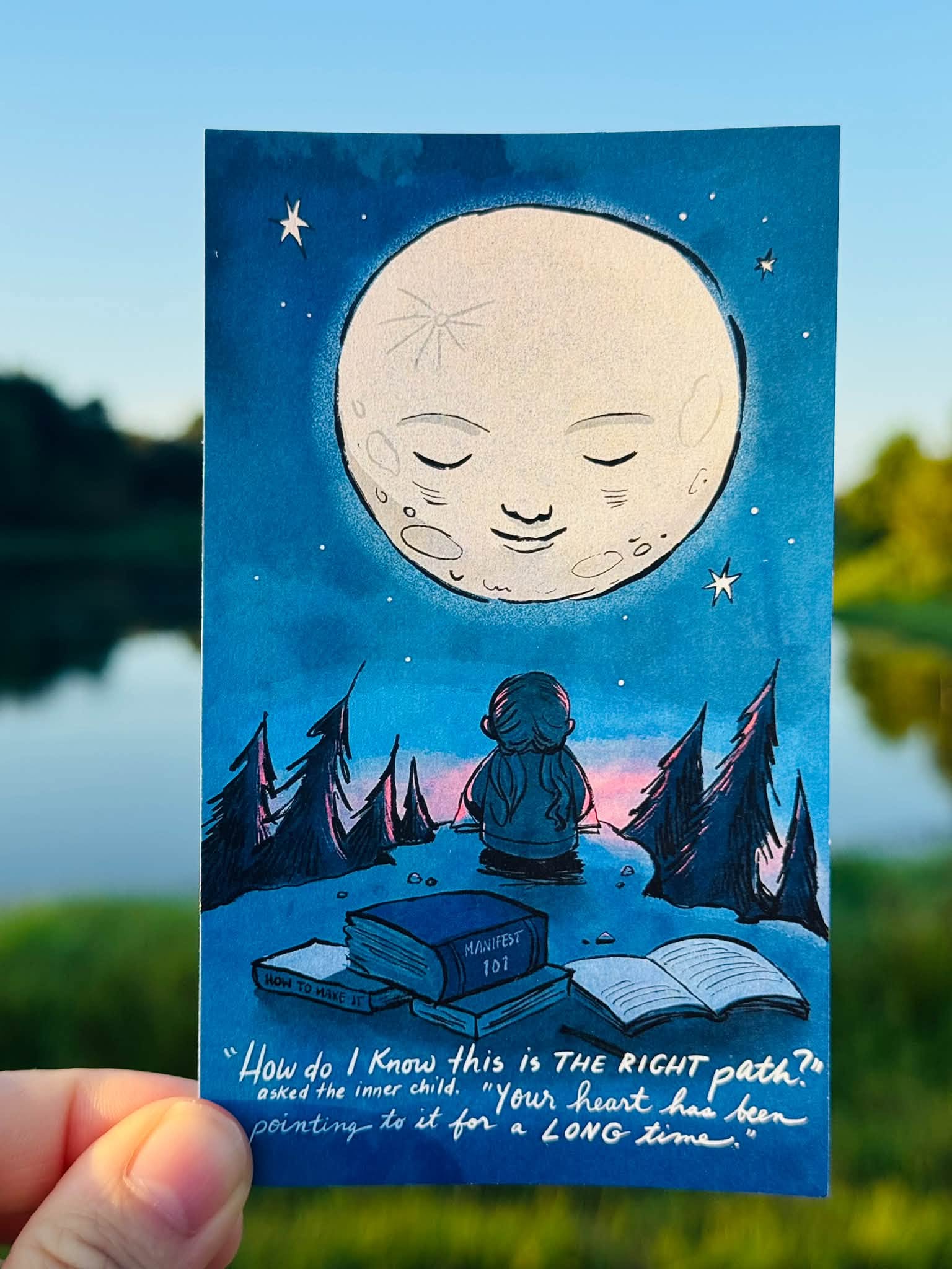Wise Adult Oracle Deck card artwork showing a child beneath a moon with reflective quote
